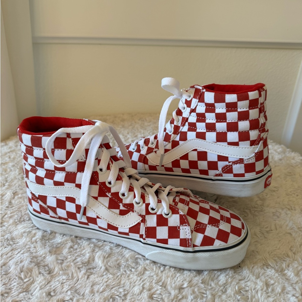 Vans Red and White Checkered High-Tops, Women’s size 8